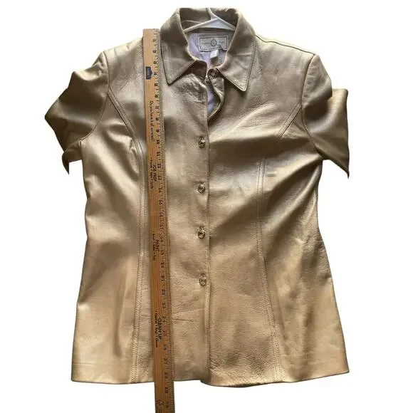 St. John Sport Button Up Gold Metallic 100% Italian Leather Jacket- Size Large